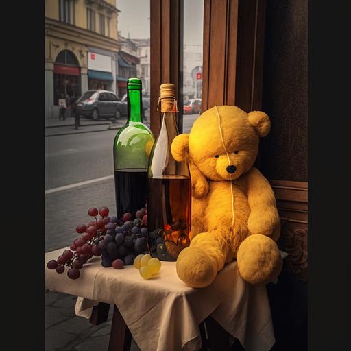 , bottles of wine, red and yellow grapes