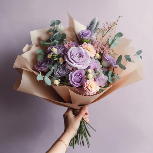 bouquet of flowers wrapped in paper held in one hand, a beautiful and well-rounded bouquet, light lavender background wall, roses, Freesias, Eucalyptus, hyper realistic --q 2 --v 5
