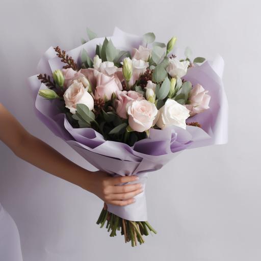bouquet of flowers wrapped in white paper held in one hand, a beautiful and well-rounded bouquet, light lavender background wall, roses, Freesias, Eucalyptus, hyper realistic --q 2 --v 5