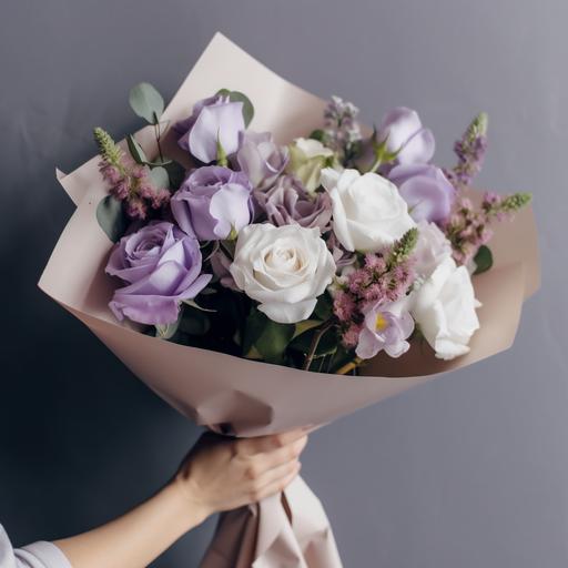 bouquet of flowers wrapped in white paper held in one hand, a beautiful and well-rounded bouquet, light lavender background wall, roses, Freesias, Eucalyptus, hyper realistic --q 2 --v 5