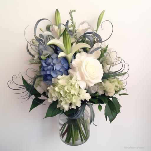 bouquet of white roses, white dragons, blue thistle and greenery, navy ribbon