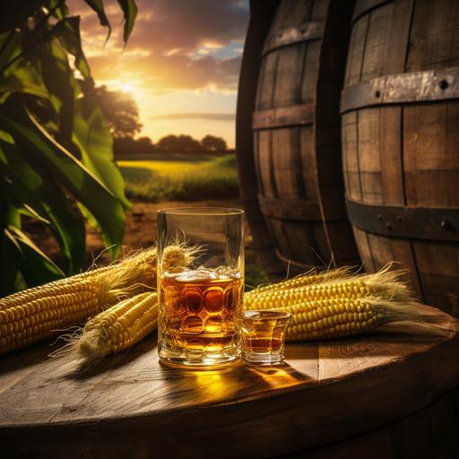 bourbon distillery, corn, glass of whiskey, wood barrel