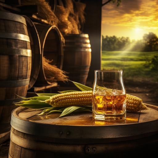 bourbon distillery, corn, glass of whiskey, wood barrel