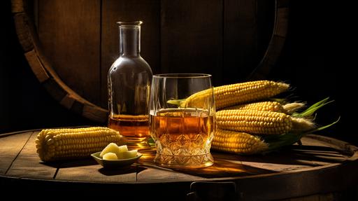 bourbon distillery, corn, glass of whiskey, wood barrel, --v 5.2 --ar 16:9