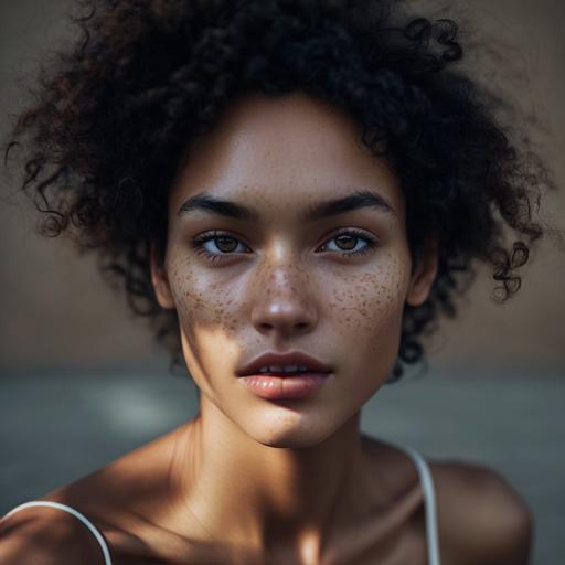 boutine LA model, mixed race, smooth skin, beautiful body and details. Short curly hair, freckles. Canon eos m–50. 50mm Lens. F 2.8. sunlight. Ultra photorealistic.