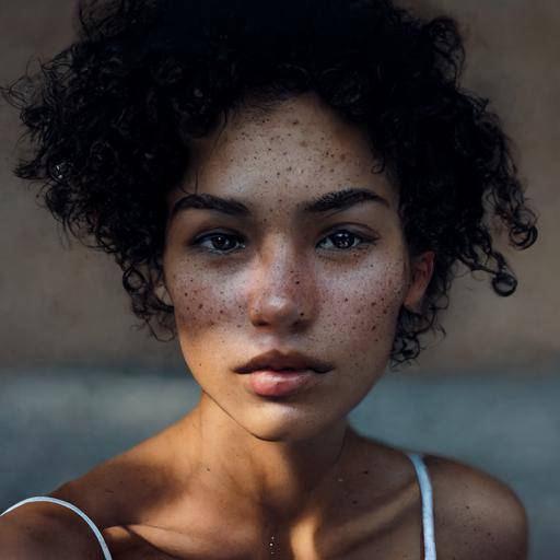 boutine LA model, mixed race, smooth skin, beautiful body and details. Short curly hair, freckles. Canon eos m–50. 50mm Lens. F 2.8. sunlight. Ultra photorealistic.