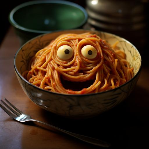 bowl of spaghetti with face looking up
