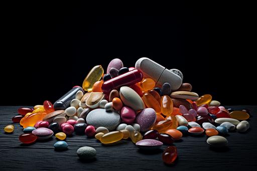 bowl of trail mix with prescription pills::1 pills, tablets, capsules, prescription medication::2 raisins, nuts, m&m's, jelly beans, dried fruit::0.5 professional extreme close-up food photography::1.5 --ar 3:2 --v 5.2 --s 99