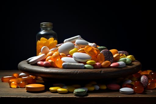 bowl of trail mix with prescription pills::1 pills, tablets, capsules, prescription medication::2 raisins, nuts, m&m's, jelly beans, dried fruit::0.5 professional close-up food photography::1.5 --ar 3:2 --v 5.2 --s 99