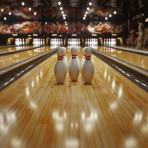 bowling pins strike from pov of pins, bowling ball in center hitting pins, bowler at the other end of lane who just threw the ball, crowd cheering behind him. --v 6.0