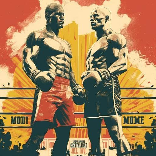 boxing, old movie poster, one of them bald, two Boxers Play box match in the ring, The match with an audience, the final of the world cup tournament, The referee is standing in the middle 4k, illustrated --s 750