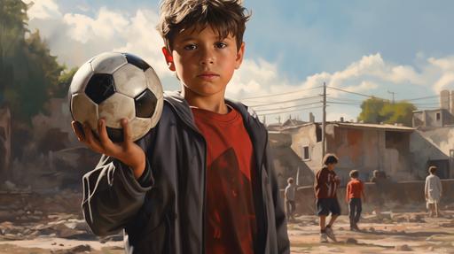 boy 7 years old holds the soccer ball in his hands, older guys are playing football nearby realistic detailed --ar 16:9