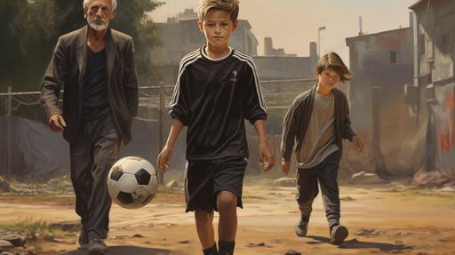 boy 7 years old holds the soccer ball in his hands, older guys are playing football nearby realistic detailed --ar 16:9