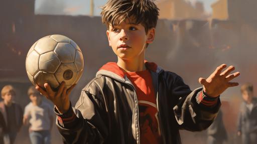 boy 7 years old holds the soccer ball in his hands, older guys are playing football nearby realistic detailed --ar 16:9