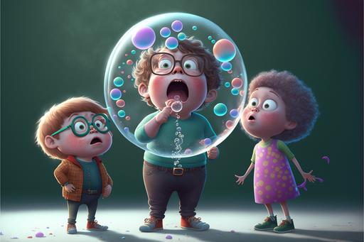 boy blowing giant bubbles with his gum, starts to float off the ground, his two friends((mouth open)) watch shocked cartoon, ((Pixar Animation Style 3D),[Cute] , 8K [MAN], Funny, (( artstation)) [extremely detailed light and shadow],[glasses],intricate details, full body, volumetric lighting, dynamic pose, character in the style of Pixar --v 4 --v 4 --ar 3:2