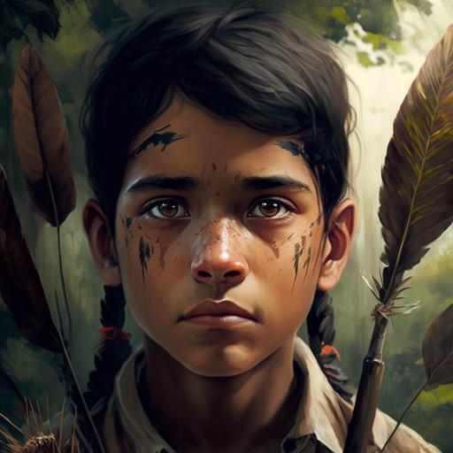 boy, brown eyes, with an arrow, indian, in the forest