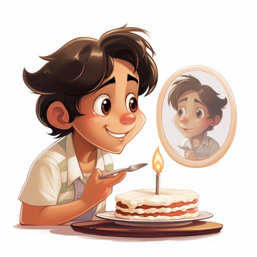 boy eating cake, boy eating cake in front of mirror, cartoon, disneyanimation, white background , cartoon, disneyanimation, white background --v 5.2