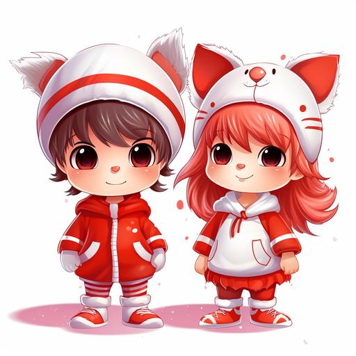 boy gnomo red and white color and a girl gnomo with ponny tail red and white color cartoon style