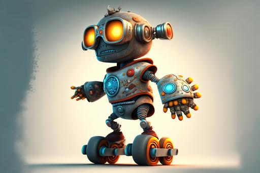 boy in a handmade robot costume riding a skateboard cartoon, ((Pixar Animation Style 3D),[Cute] , 8K [MAN], Funny, (( artstation)) [extremely detailed light and shadow],[glasses],intricate details, full body, volumetric lighting, dynamic pose, character in the style of Pixar --v 4 --v 4 --ar 3:2