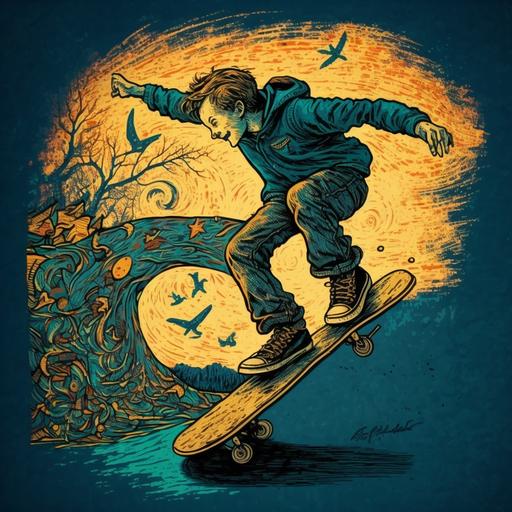 boy jumping on a skateboard, drawing in the style of van Gogh