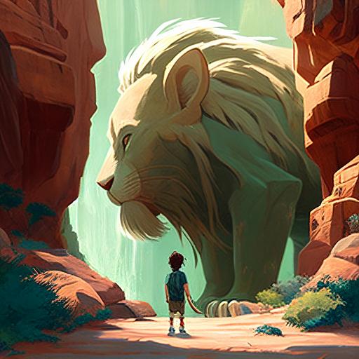 boy meet a giant jade lion in a beautiful canyon. studio ghibli style.