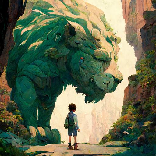 boy meet a giant jade lion in a beautiful canyon. studio ghibli style.