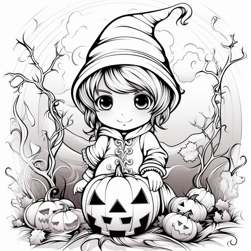 boy pumpkin chibi halloween coloring page black white with background