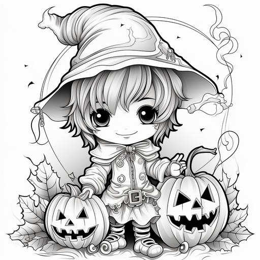 boy pumpkin chibi halloween coloring page black white with background