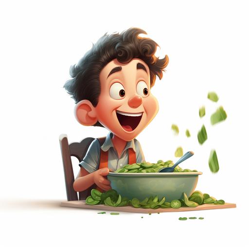 boy sadly eating boiled spinach for lunch, laughing, cartoon, pixar animation, white background --v 5.2
