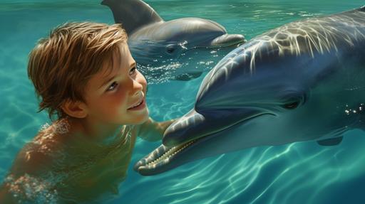 boy swimming with dolphins, detailed, 3d, realistic --ar 16:9 --v 5