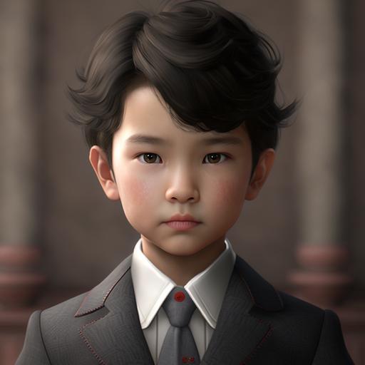 boy wearing dark linen suit, movie star, dark hair, gray eyes, cute, asian, friendly, welcome, full head, realistic, avatar, 8k, ar 2:3