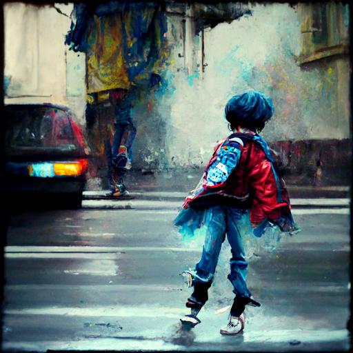 boy wearing denim jacket dancing on the street Jordans shoes