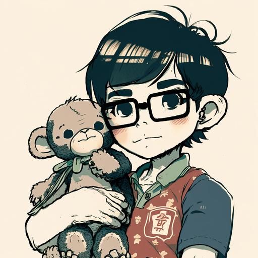 boy with glasses illustration holding a plush monkey manga style