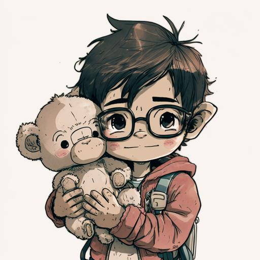 boy with glasses illustration holding a plush monkey manga style