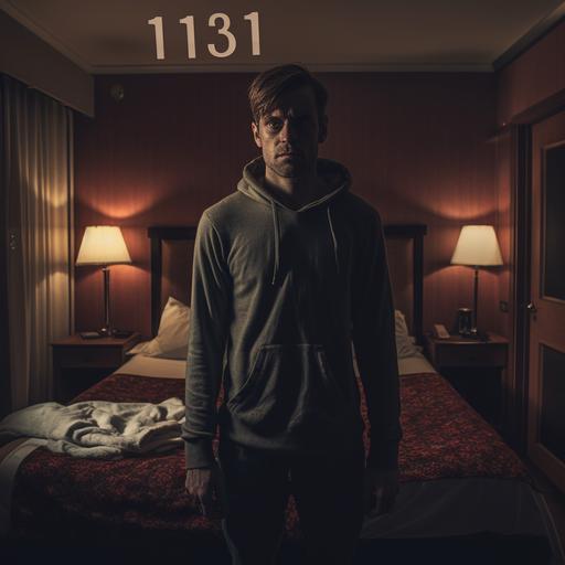 a scary story YouTube thumbnail of a man who is staying at hotel room number Thirteen at night realistic spooky,4k--ar 16:9
