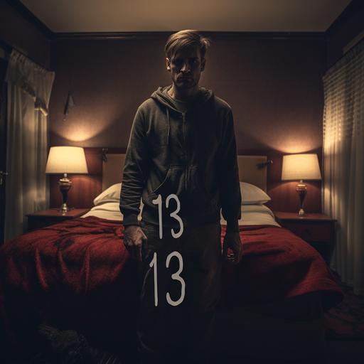 a scary story YouTube thumbnail of a man who is staying at hotel room number Thirteen at night realistic spooky,4k--ar 16:9