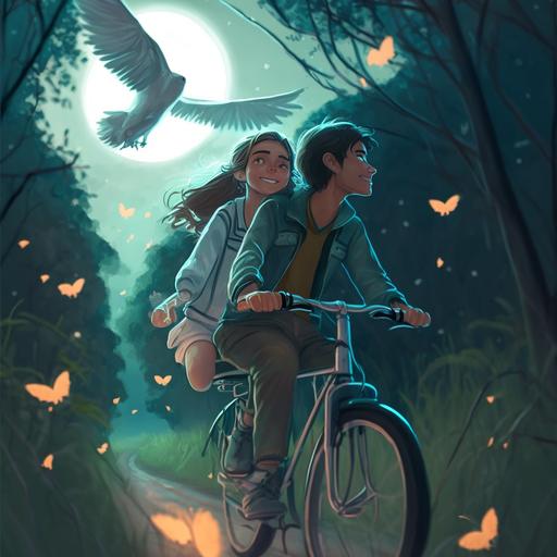 boyfriend teaches girlfriend how to ride a bike under the night sky , lots of stars and a moon ::trending on artstation