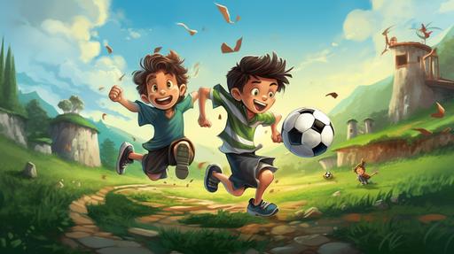 boys playing football, green grass, football field, cartoon art, just one football, different perspectives. --ar 16:9