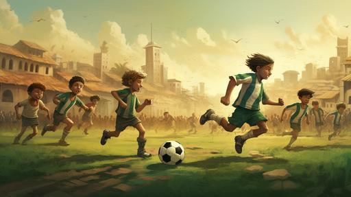 boys playing football, green grass, football field, cartoon art, just one football, different perspectives. --ar 16:9