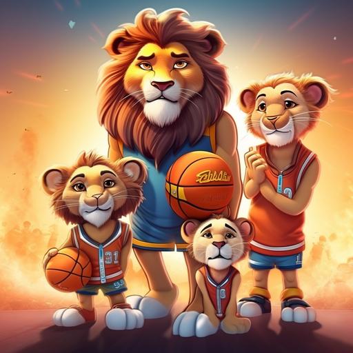 papa and mama lion next to their cubs. everyone is dressed in basketball gear. the image must refer to the celebration of father's day. 4k. cartoon image