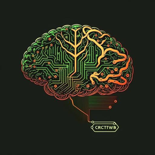 brain with microchip pathways, logo, cartoon