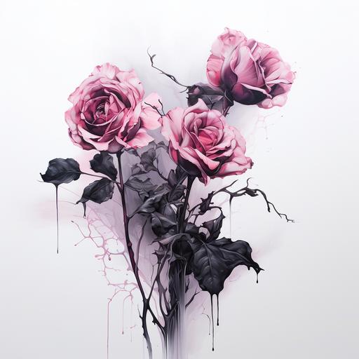 branch of bright dark pink roses, big contrast, hyper realistic,stems, leaves, white background, net art, cyberpunk style, romantic illustrations, light pink and black,