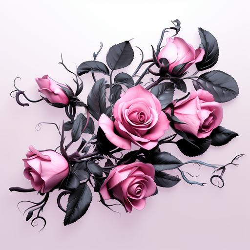 branch of bright dark pink roses, big contrast, hyper realistic,stems, leaves, white background, net art, cyberpunk style, romantic illustrations, light pink and black,