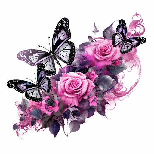 branch of bright pink dark roses, big contrast, hyper realistic,stems, leaves, white background, net art, cyberpunk style, romantic illustrations, light pink and black, pink fantastic butterfly flying around , jewelry purple Rubin, with ornament, romantic illustrations