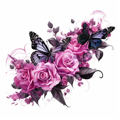 branch of bright pink dark roses, big contrast, hyper realistic,stems, leaves, white background, net art, cyberpunk style, romantic illustrations, light pink and black, pink fantastic butterfly flying around , jewelry purple Rubin, with ornament, romantic illustrations