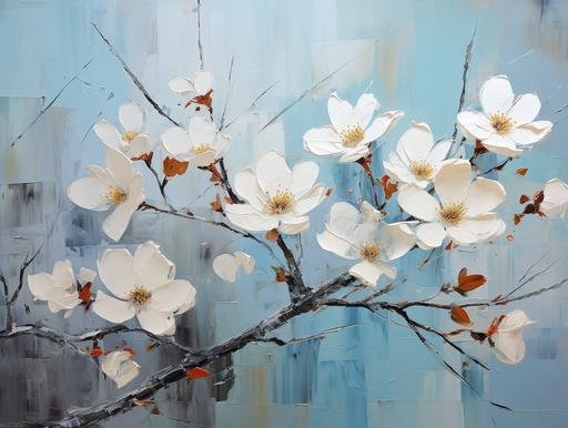 branch of dogwood blossoms, oil painting, Holly Irwin style, palette knife, heavy detail and heavy texture --ar 4:3 --s 500