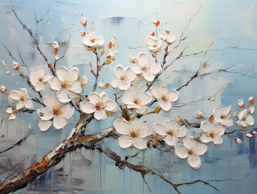 branch of dogwood blossoms, oil painting, Holly Irwin style, palette knife, heavy detail and heavy texture --ar 4:3 --s 500