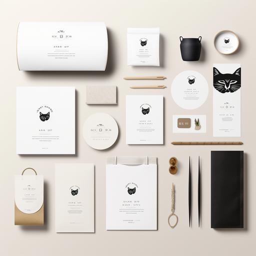 brand identity mockup for a cat shop, innovative cat shop branding kit mock up design without logo, minimalist, simple, classy, clean and white background