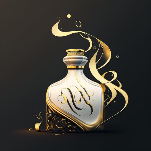 brand logo white and gold color palette metal depicting an old perfume bottle with spray with the fragance that come out in a spray and dissolves in smoke in yhe form of an arabic letter should be cool, minimalist and elegant - 8K ultra detailed