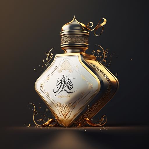 brand logo white and gold color palette metal depicting an old perfume bottle with spray with the fragance that come out in a spray and dissolves in smoke in yhe form of an arabic letter should be cool, minimalist and elegant - 8K ultra detailed